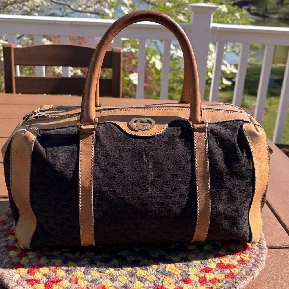 Vintage Gucci Micro GG Canvas Boston Bag Size 28 Black Tan Made in Italy - Picture 4 of 17